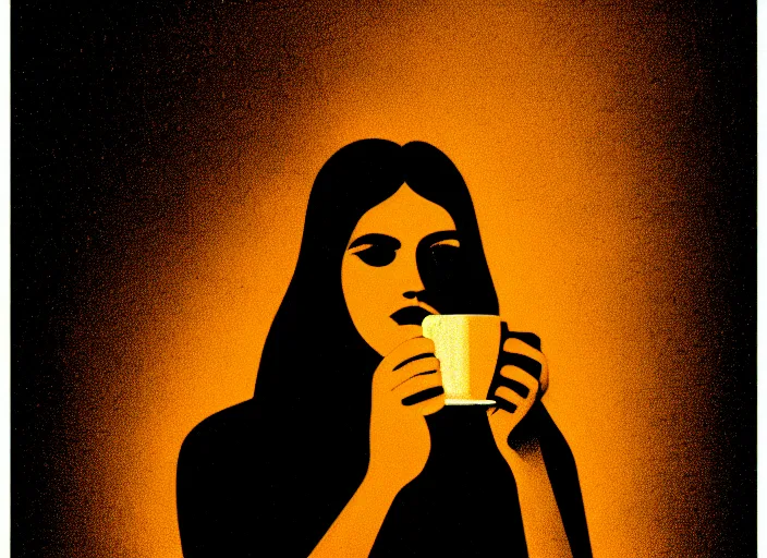 Image similar to portrait of a heroine drinking coffee, (((colorful))),vivid, Mads Berg, Karolis Strautniekas,small finely stippled light, dramatic lighting,film grain, editorial illustration, detailed, gradation, matte print, dynamic composition,moody, cinematic,extreme perspective