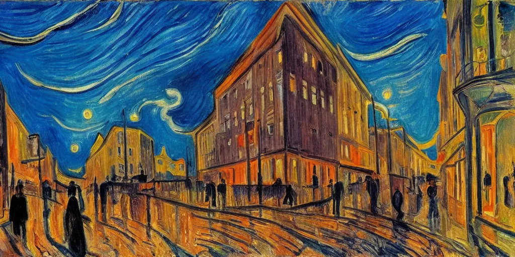 Prompt: a street scene in the first district of vienna, twilight, lights in windows, style of edvard munch, the storm