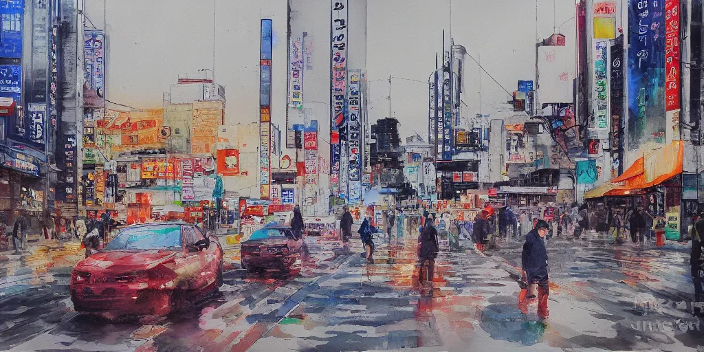 Prompt: streets of hongdae, hangeul, photorealism, spring, wide shot, water color painting, blurry, brush strokes by Lim Eung-Sik