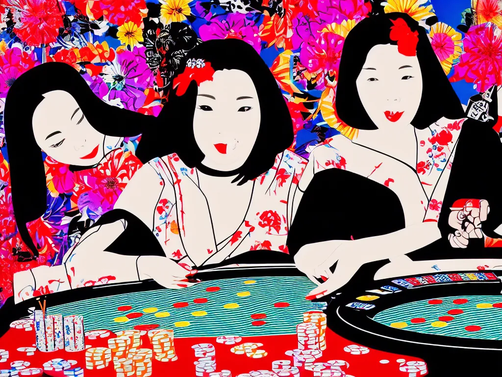 Image similar to hyperrealistim composition of the detailed single woman in a japanese kimono sitting at a extremely detailed poker table with darth vader, fireworks, river on the background, pop - art style, jacky tsai style, andy warhol style, acrylic on canvas