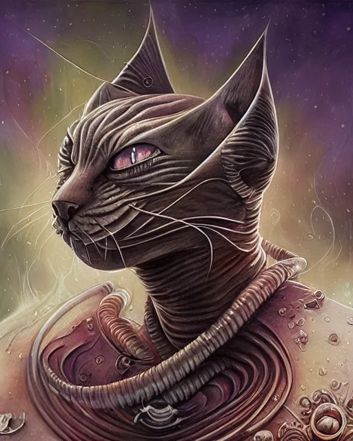 Image similar to chesire cat, by antonio j. manzanedo, giger, alex grey, android jones, wayne barlowe, philippe druillet, raymond swanland, cyril rolando, josephine wall, harumi hironaka, trending on artstation