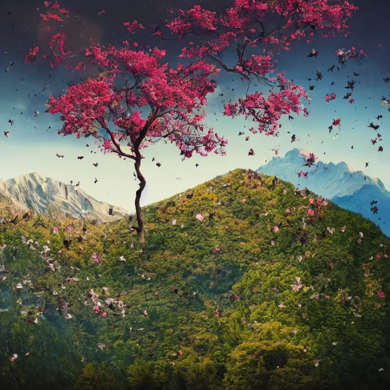 Image similar to a beautiful awesome artistic tree with falling flowers like leaves and many birds, all in the amazing outdoors view, mountain in the background, lake, long exposure, 8 k resolution, trending on artstation