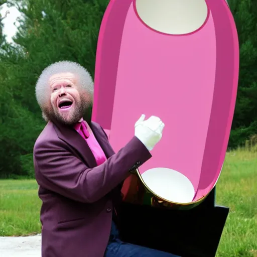 Image similar to bob ross screaming at a giant pink tuba