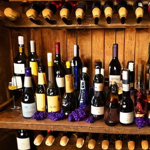 Prompt: a selection of wines arranged aesthetically in bottles and glasses in a medieval tavern. the wines are blue, orange, violet, yellow, white, red.