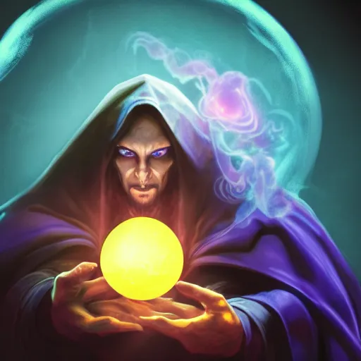 Image similar to a warlock is casting a magic spell, while magic orb is floating in his hand, the magic orb emit a blueish vapour, dynamic pose, chromatic aberration , medium level shot, Mucha style , Grim fantasy, illustration ,concept art,