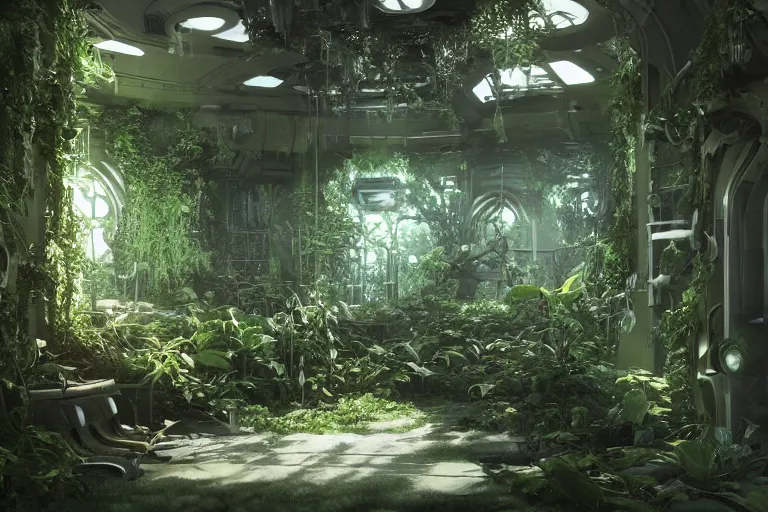 Image similar to inside a spaceship living quarters overgrown with plant life and ivy, artgerm, yoshitaka amano, gothic interior, 8 k, octane render, unreal engine