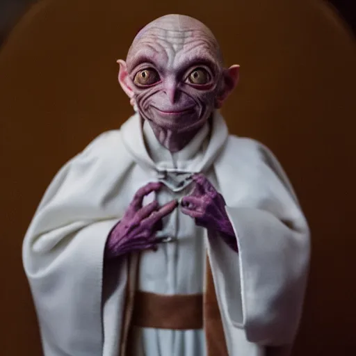 Image similar to a portrait of gollum after he's been accepted as the new pope. 8 5 mm lens, f 1. 8