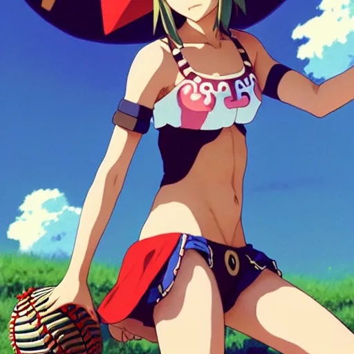 Image similar to beautiful boyish natalie portman gravure model in majora's mask, wearing wooden mask and baseball cap and leotard, street wear with subtle mayan patterns, aztec bathing suit, gapmoe yandere grimdark, trending on pixiv fanbox, painted by greg rutkowski makoto shinkai takashi takeuchi studio ghibli, akihiko yoshida