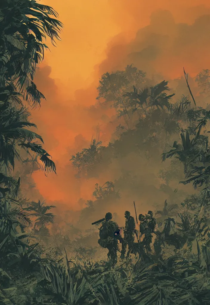 Image similar to handmade illustration of an epic Vietnam war scene with only one american soldiers stand still, the jungle at the background, some smoke and fire, blue sky with dramatic clouds, line art, ink, watercolor by Kilian Eng and by Jake Parker, heavy brushstrokes, winning-award masterpiece, fantastic, octane render, 8K HD Resolution, High quality image