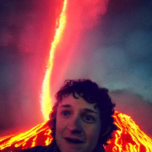 Prompt: Frodo taking a selfie after destroying the one ring inside Mount Doom. Fiery lava is flying through the air on both sides. photograph, go pro, fire , lava, self portrait.