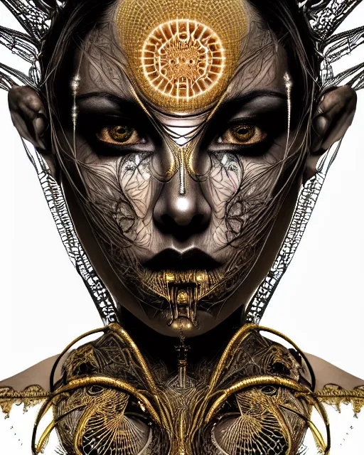 Image similar to hyperrealistic detailed face portrait of the beautiful dark goddess with an intricate golden ornamental geometrical ritual mask, intricate cyberpunk tattoos, glowing ceremonial markings, emotionally dark figure, insane details, art by ernst haeckel, nekro borja, android jones, gothic - cyberpunk, ornamental, dimmed pastel colours,