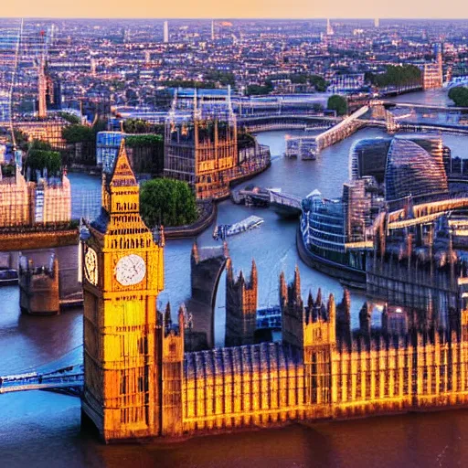 Image similar to london city, landscape, cityscape, high art, detailed, artstation award, intricate detail, panoramic, wide angle, sunset, color palette, big ben clock tower, british parliament building, from above