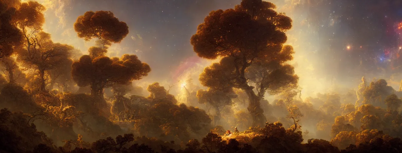 Prompt: a beautiful landscape painting of steampunk landscape by jean - honore fragonard and don bluth and makoto shinkai, a junk nebula in the sky, galaxies visible, giant trees and colourful flowers, light rays, trending on artstation, octane render