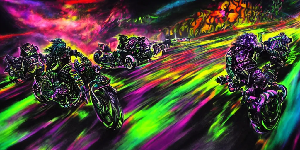 Prompt: psychedelic blacklight airbrush artwork, motorcycles, hyper stylized action shot of orc bikers racing on motorcycles, menacing orcs, drifting, skidding, wheelie, clear focused details, soft airbrushed artwork, black background, cgsociety, artstation