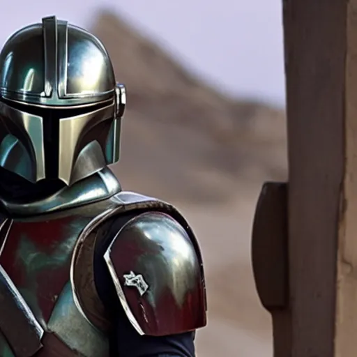 Image similar to photo of rowan atkinson in mandalorian armor, high res, realistic, star wars, high detail