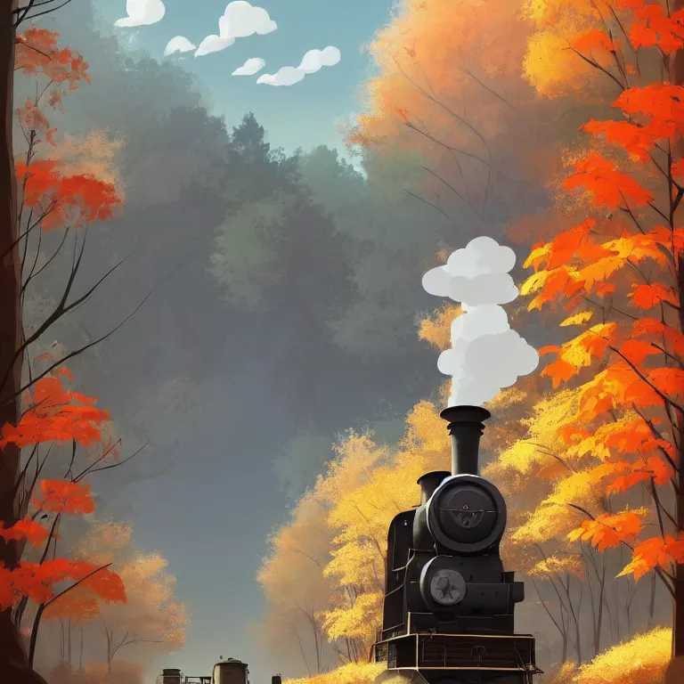 Prompt: Goro Fujita illustrating An antique steam train with a large white cloud coming out of the chimney travels through a beautiful autumn forest along the railroad tracks art by Goro Fujita concept art