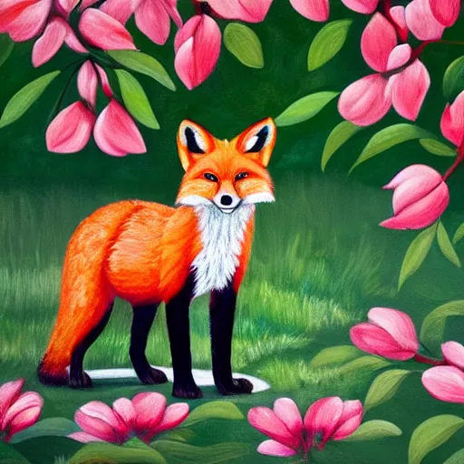 Prompt: painting of a cute red fox in the middle of a white magnolia forest