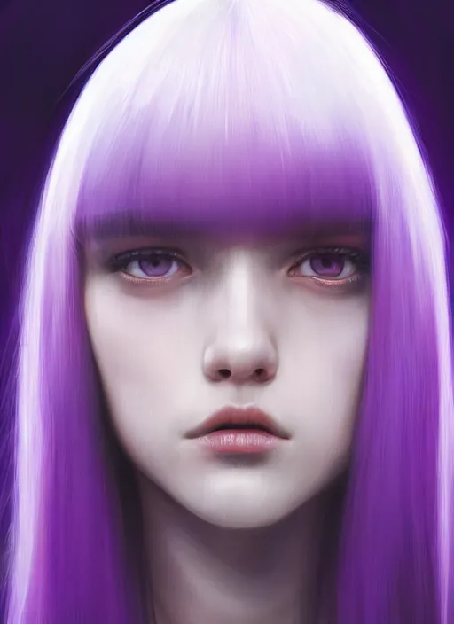 Image similar to hair whitebangs hair, black hair, whitebangs, portrait of teenage girl with white bangs, red irises, purple clothes, white bangs, bangs are different color from hair, intricate, elegant, glowing lights, highly detailed, digital painting, artstation, concept art, smooth, sharp focus, illustration, art by wlop, mars ravelo and greg rutkowski