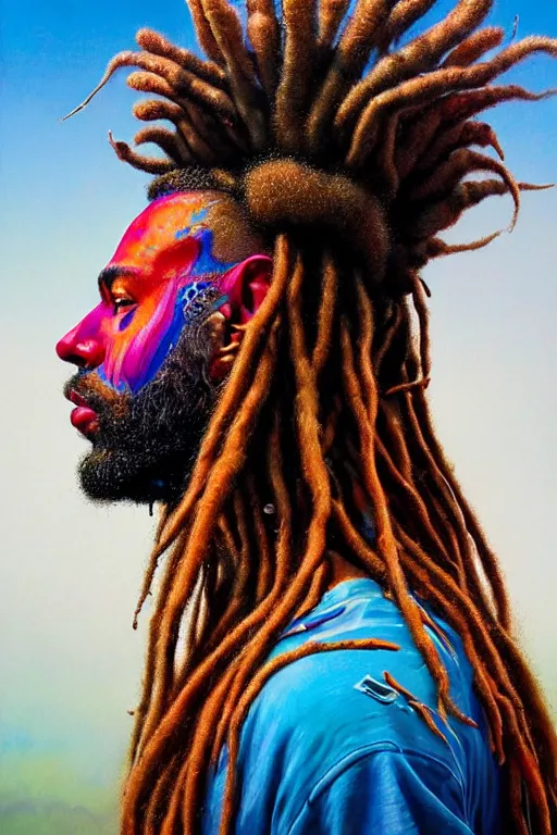 Image similar to hyperrealistic close - up portrait of psychedelic colorful acid neuro - shaman dreadlocks hippy highly detailed concept art eric zener elson peter cinematic hard lighting high angle hd 8 k sharp shallow depth of field, inspired by denis villeneuve and zdzisław beksinski