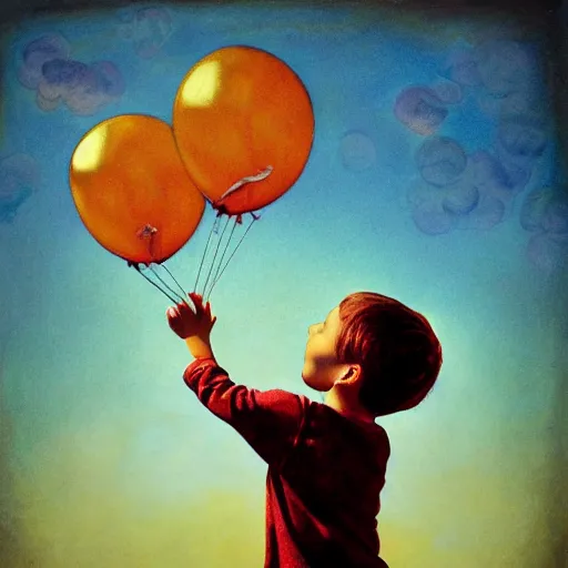 Image similar to boy holding balloons in the sky floating towards the sun, cloudy misty sky, hyper realism, highly ornate intricate details, 1 9 2 0's colored pencil, very sharp photo,