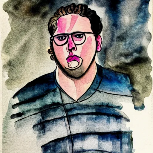 Image similar to jonah hill, stylized. Watercolor and ink. 1970s.