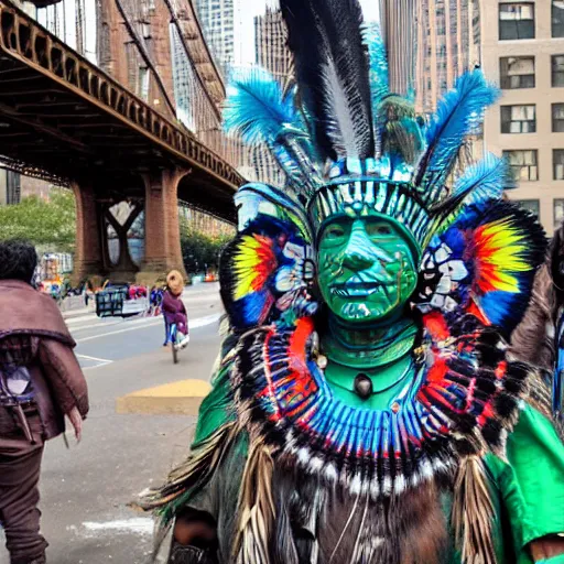 Prompt: an indigenous shaman dressed with a quetzalcoatl feathered serpent fighting against climate change garbage tornado non - human hyperobject in manhattan bridge