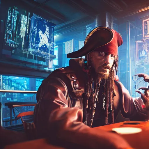 Image similar to high quality portrait of a pirate with four arms in a cyberpunk cyberpunk cyberpunk cafe, realism, 8k, award winning photo