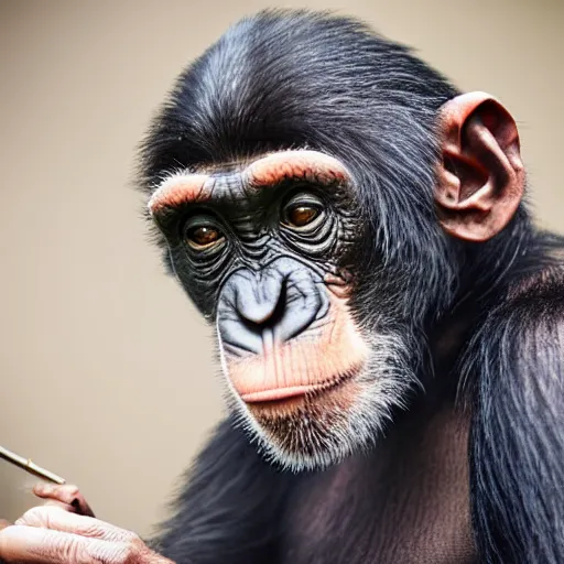 Image similar to a high detail shot of a chimp wearing a suit and smoking