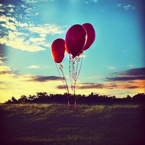 Prompt: “ becoming a champion of loss, watching memories float away like red balloons, against a sky at sunset ”