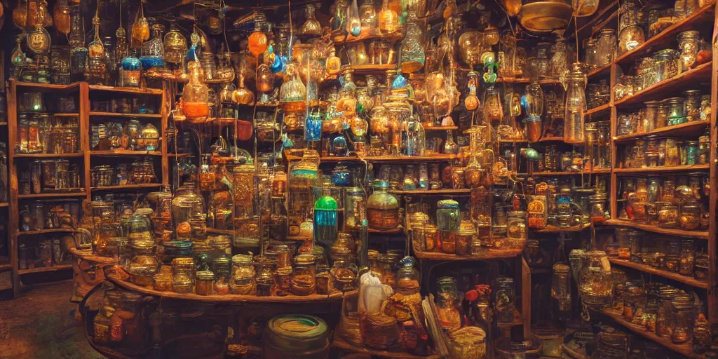 Prompt: Inside an old Magical Shop, large jars on shelves, beautiful labels, fantasy vendor interior, wide angle, highly detailed, rich bright colors, trending on artstation