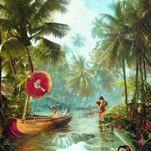 Image similar to tropical island, ornate, beautiful, atmosphere, vibe, mist, coconuts, rain, wet, pristine, puddles, melting, dripping, snow, creek, lush, ice, bridge, forest, roses, flowers, by stanley artgerm lau, greg rutkowski, thomas kindkade, alphonse mucha, loish, norman rockwell