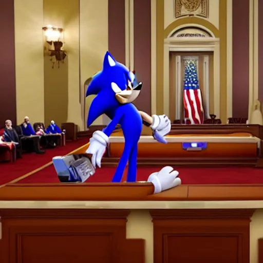 Image similar to Sonic the Hedgehog testifying before the US senate. Realistic, 8k, dramatic lighting, highly detailed.