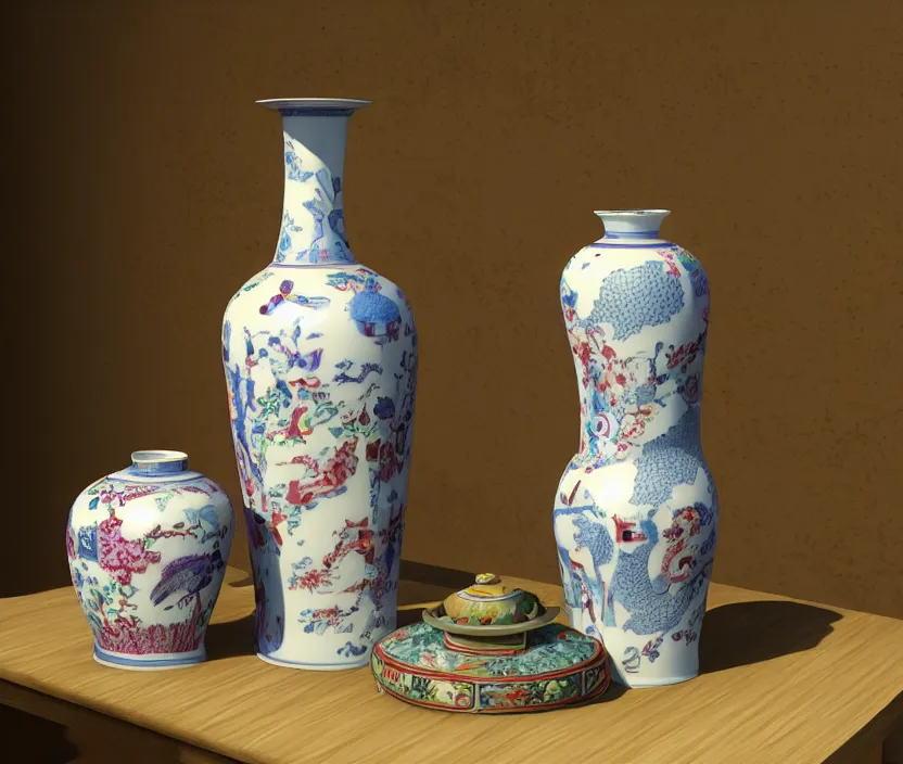 Image similar to Still life photo studio, porcelain chinese vase, unreal engine, highly detailed