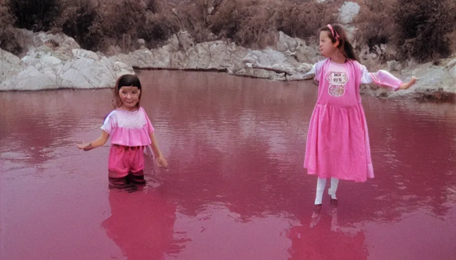 Image similar to 3 5 mm photography of kids wearing a codex seraphinianus costume in a pink lake h 1 1 0 0