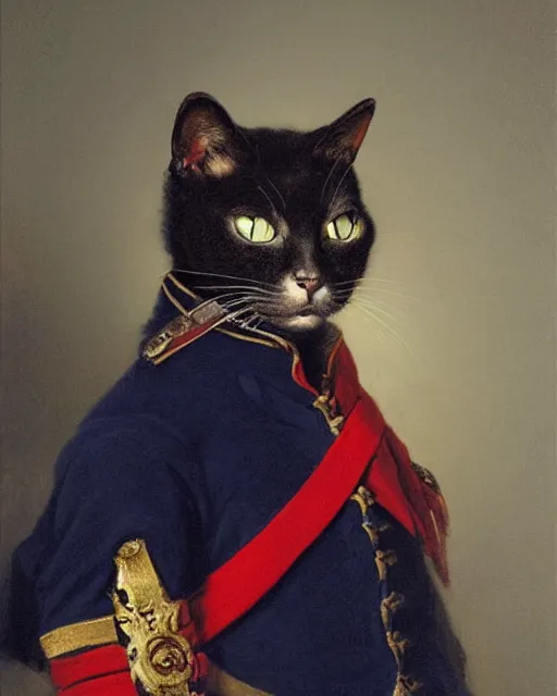 Image similar to portrait of cute dark brown cat with serious expression wearing 1 8 th century royal guard uniform in navy blue and red, joseph ducreux, greg rutkowski, regal, royal, princely, painting