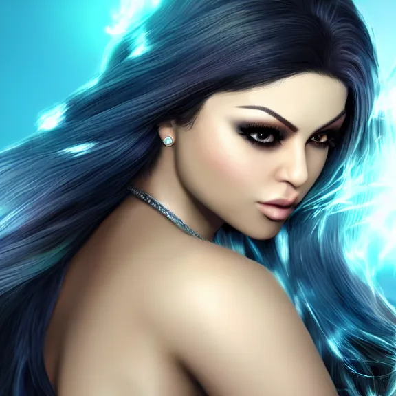 Prompt: portait of haifa wehbe, long hair centred, hd, very detailed curve, unreal engine, final fantasy style, blue soft background