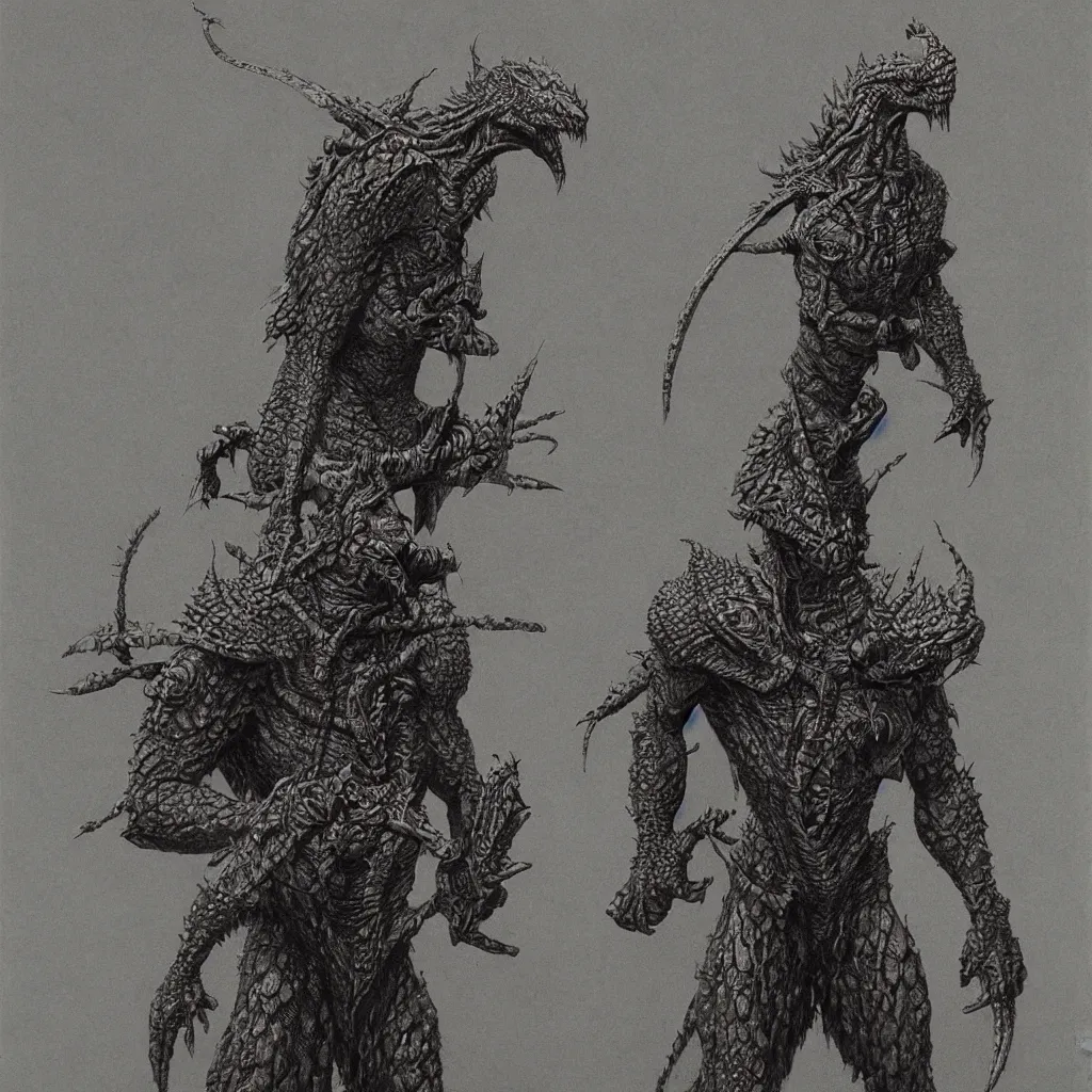 Image similar to lizardman warrior concept, highly detailed, tribal, beksinski