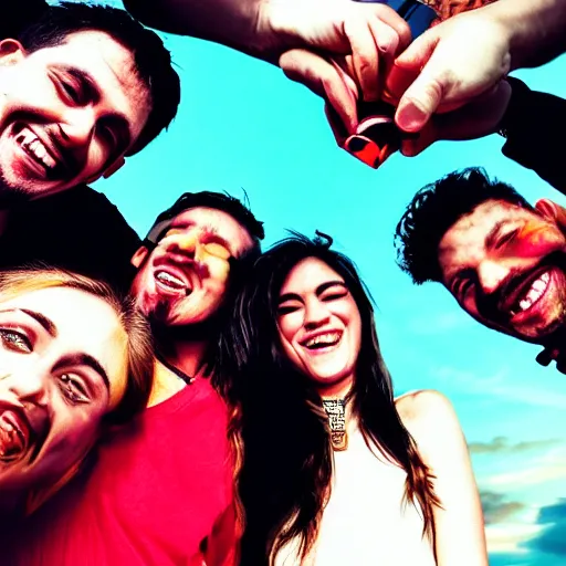 Image similar to a bill. a bong. a group of friends. enjoying themselves and laughing it up. sun set. red accents.