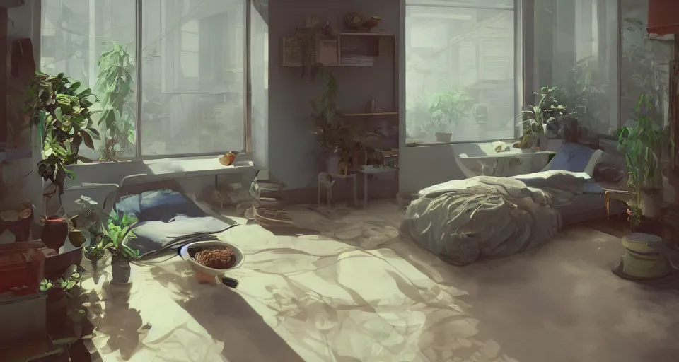 Prompt: a stylish bedroom interior, futuristic plastic capsule apartment, small kitchen, reflective floor, potted plant, painting by craig mullins, octane rendering, soft morning lighting, wide angle lens, in the style of hayao miyazaki, trending on artstation,