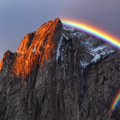 Image similar to a mountain portrait with in the sky a rainbow