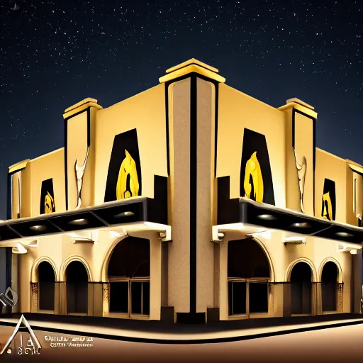 Prompt: beautiful exterior of art deco palace movie theater at night premiere, pillars, dust, dark, long shadows, atmospheric, gold and black marble lacquered, palm trees, luxury architecture, low angle, dynamic cinematic light, 3 5 mm, realistic, insanely detailed, hyper detail, hyper real, unreal engine render, 8 k