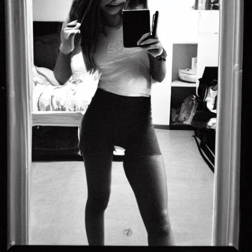 Image similar to mirror iphone photo selfie of a gorgeous college girl in her dorm, faded