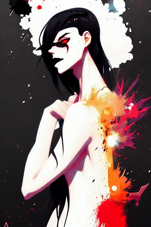 Prompt: a ultradetailed beautiful painting of a stylish goth girl, exploding background, by conrad roset, greg rutkowski and makoto shinkai trending on artstation