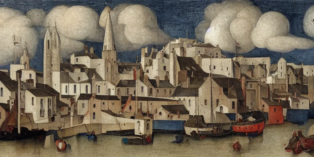 Image similar to a painting of the harbour at Kirkwall, orkney islands, small houses, boats, a cathedral, crowds gather, sea, stormy clouds, by Fra Angelico