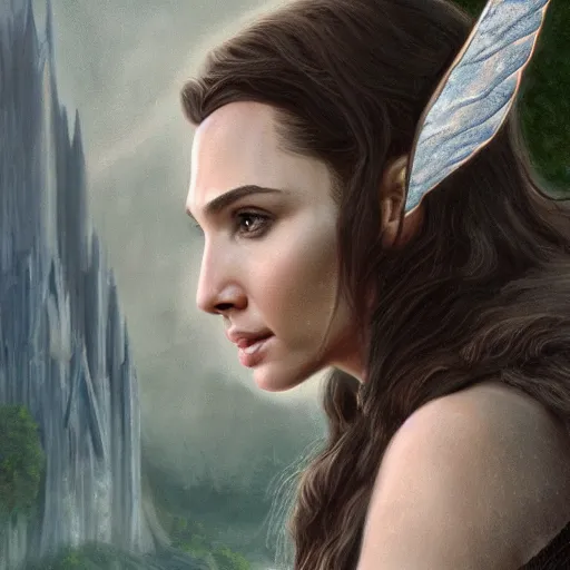 Image similar to An enchanting portrait of Gal Gadot as Galadriel, evening, detailed matte painting, cinematic, Alan Lee, Artstation