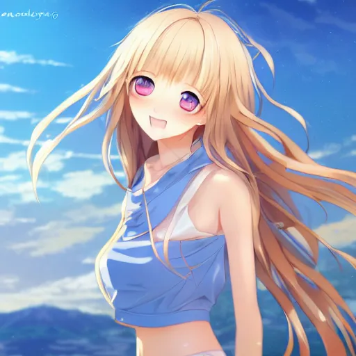 Image similar to a very beautiful anime cute girl, full body, long wavy blond hair, sky blue eyes, full round face, short smile, fancy top, miniskirt, front view, summer lake setting, cinematic lightning, medium shot, mid-shot, highly detailed, cinematic wallpaper by Stanley Artgerm Lau