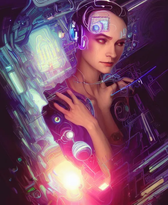 Image similar to a whirlwind of souls rushing inside the metaverse, hologram, half body, neurochip, shaved temple, piercing, jewelry, android, cyborg, cyberpunk face, by loish, d & d, fantasy, intricate, elegant, highly detailed, colorful, digital painting, artstation, concept art, art by artgerm and greg rutkowski and alphonse mucha