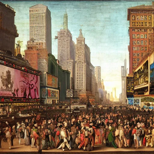 Image similar to times square, new york as painted by raphael in 1 5 1 1, renaissance, broad daylight