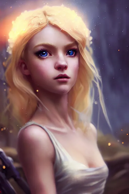 Image similar to cinematic shot of an epic portrait of a cute blonde fairy dressed in military clothes, stylised military clothes, shiny skin, beautiful eyes, beautiful, small details, night setting, realistic poster with volumetric light from craig mallism, artgerm, jeremy lipkin and michael garmash, unreal engine, radiant light, digital art, trends at art station, a masterpiece