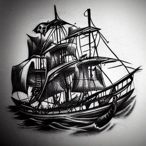 Image similar to realism tattoo design sketch of a pirate ship, in the style of Niki Norberg